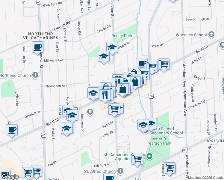 map of restaurants, bars, coffee shops, grocery stores, and more near in St. Catharines