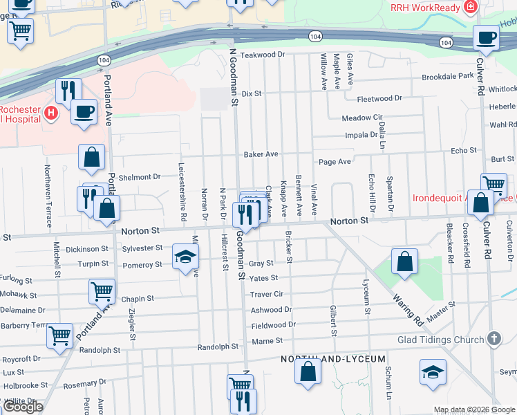map of restaurants, bars, coffee shops, grocery stores, and more near 16 Taft Avenue in Rochester