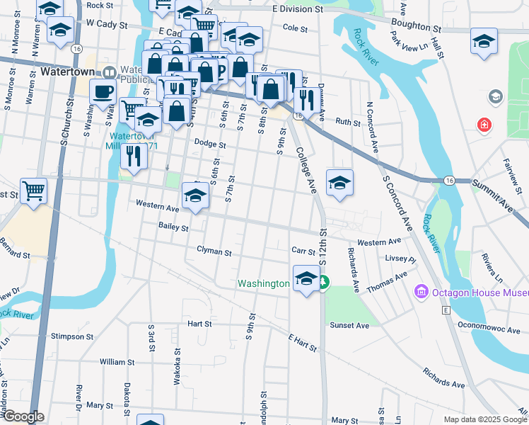 map of restaurants, bars, coffee shops, grocery stores, and more near 807 Western Avenue in Watertown