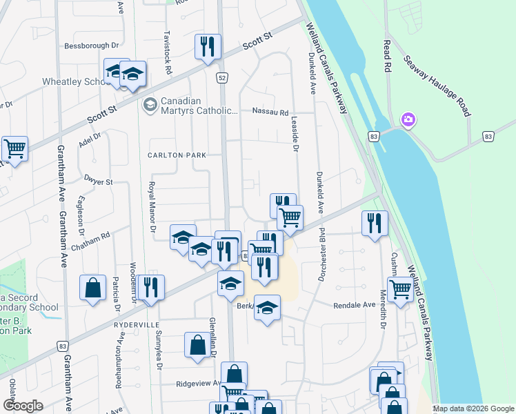 map of restaurants, bars, coffee shops, grocery stores, and more near 56 Windward Street in St. Catharines