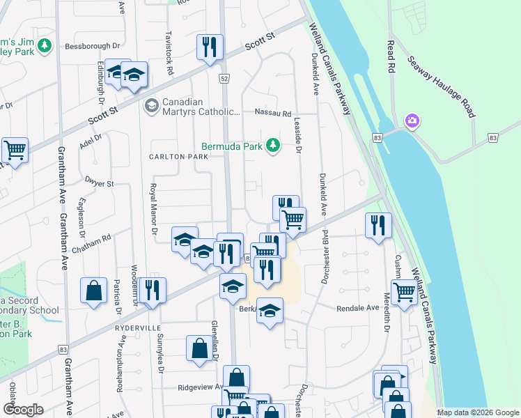 map of restaurants, bars, coffee shops, grocery stores, and more near 56 Windward Street in Saint Catharines
