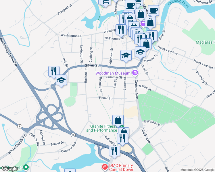 map of restaurants, bars, coffee shops, grocery stores, and more near 35 Elm Street in Dover