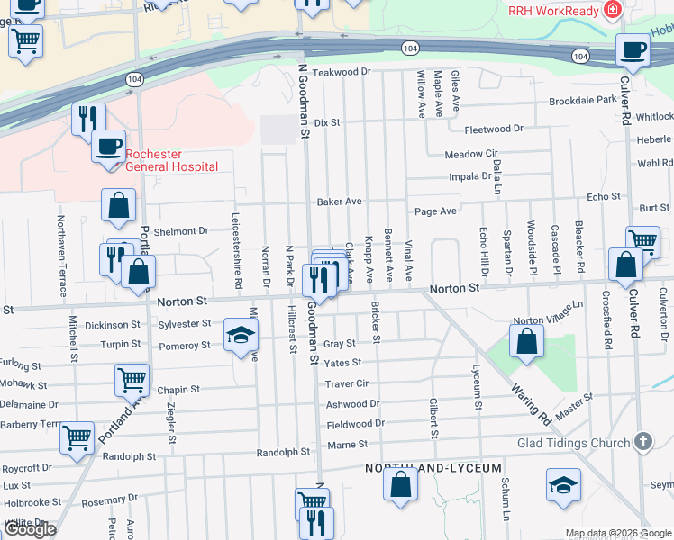 map of restaurants, bars, coffee shops, grocery stores, and more near 16 Taft Avenue in Rochester