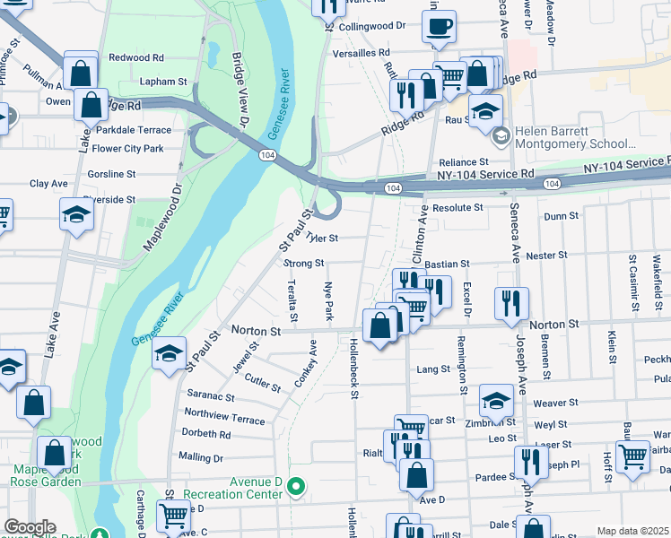 map of restaurants, bars, coffee shops, grocery stores, and more near 72 Nye Park in Rochester