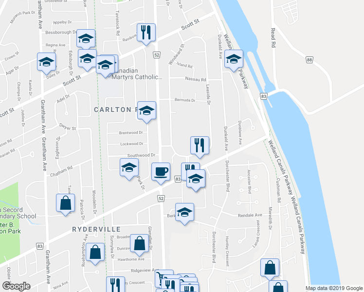 map of restaurants, bars, coffee shops, grocery stores, and more near in St. Catharines