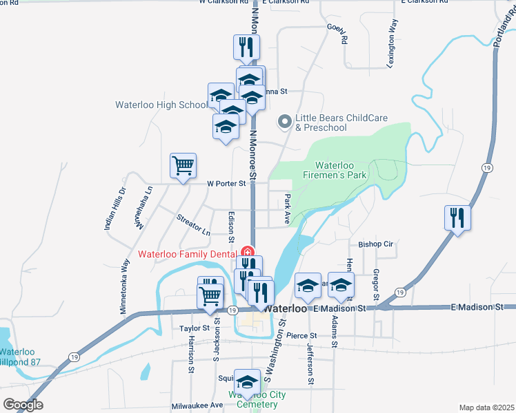 map of restaurants, bars, coffee shops, grocery stores, and more near 245 Wisconsin 89 in Waterloo