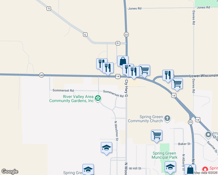map of restaurants, bars, coffee shops, grocery stores, and more near 601 Sommerset Road in Spring Green