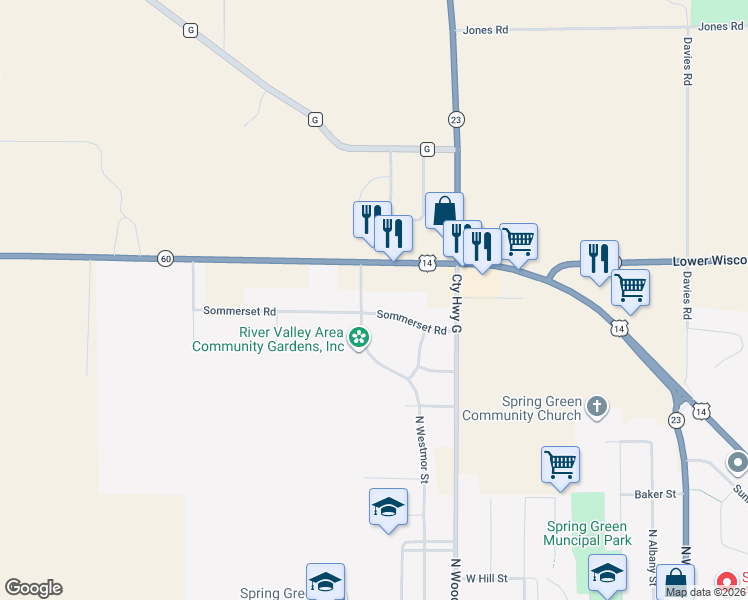 map of restaurants, bars, coffee shops, grocery stores, and more near 906 North Westmor Street in Spring Green