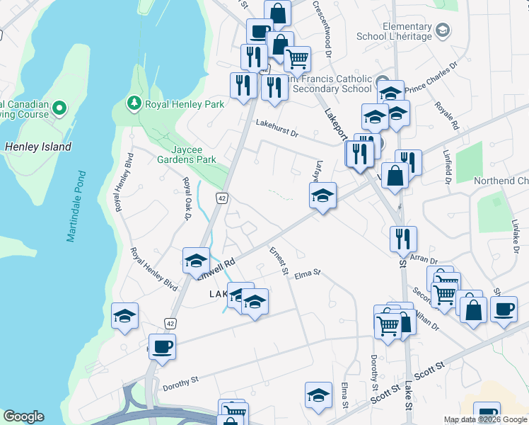 map of restaurants, bars, coffee shops, grocery stores, and more near 99 Linwell Road in St. Catharines