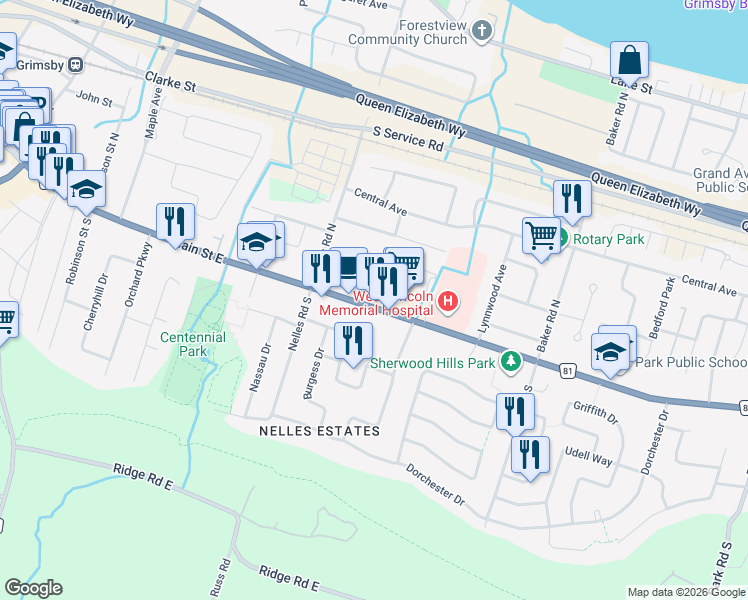 map of restaurants, bars, coffee shops, grocery stores, and more near 150 Main Street East in Grimsby