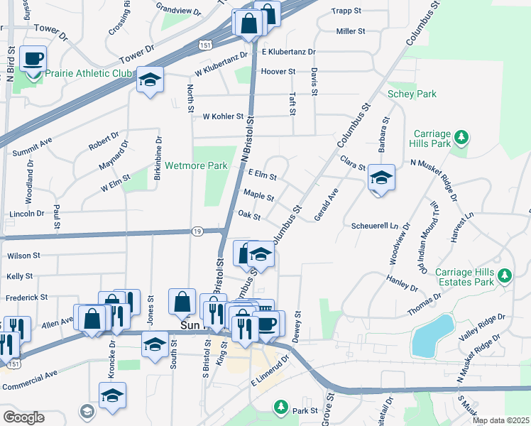 map of restaurants, bars, coffee shops, grocery stores, and more near 412 Martin Street in Sun Prairie