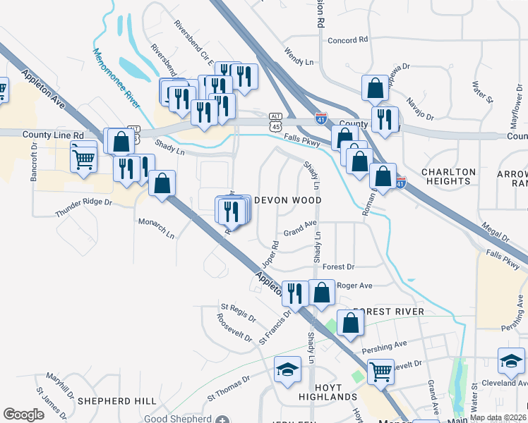 map of restaurants, bars, coffee shops, grocery stores, and more near W174N9372 Devonwood Road in Menomonee Falls
