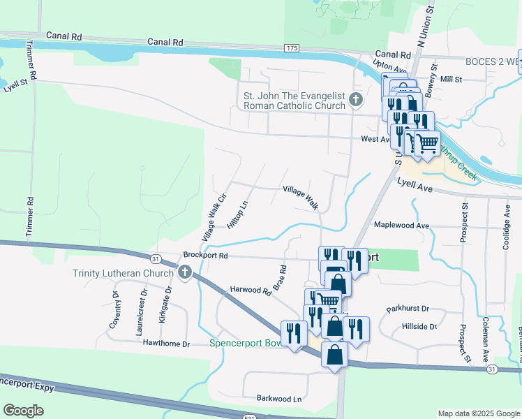 map of restaurants, bars, coffee shops, grocery stores, and more near 125 Village Hill Drive in Spencerport