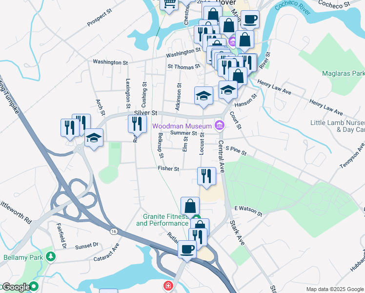map of restaurants, bars, coffee shops, grocery stores, and more near 21 Elm Street in Dover