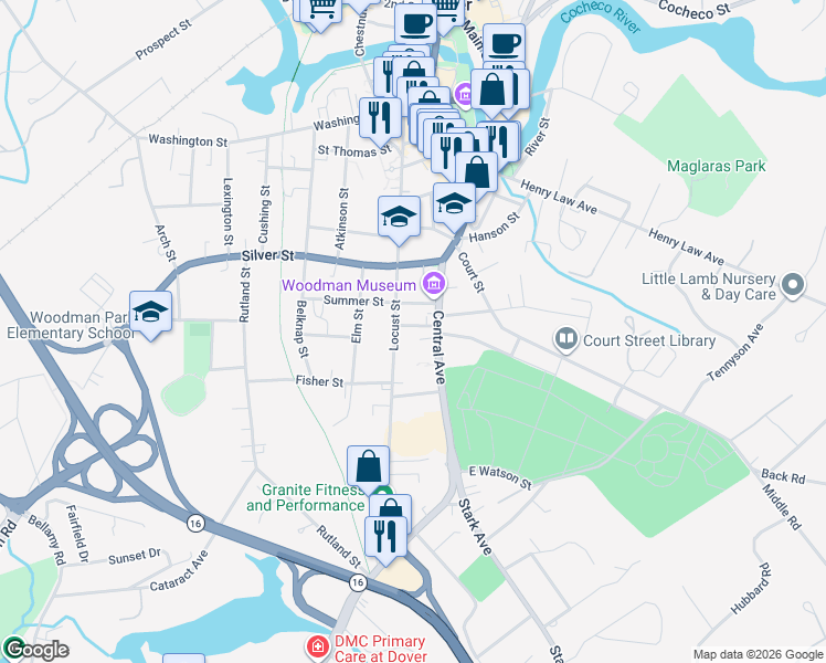 map of restaurants, bars, coffee shops, grocery stores, and more near 160 Central Avenue in Dover