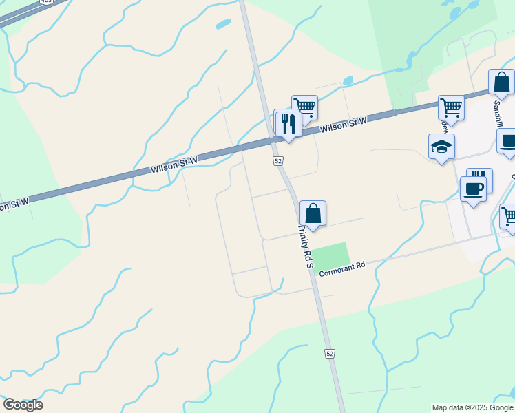 map of restaurants, bars, coffee shops, grocery stores, and more near 630 Trinity Road South in Hamilton