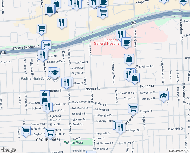 map of restaurants, bars, coffee shops, grocery stores, and more near 599 Carter Street in Rochester