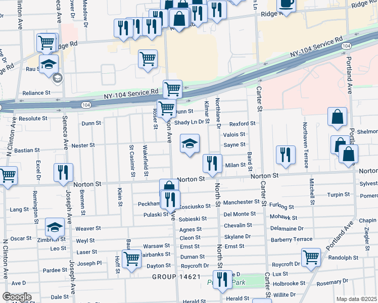 map of restaurants, bars, coffee shops, grocery stores, and more near 950 Norton Street in Rochester