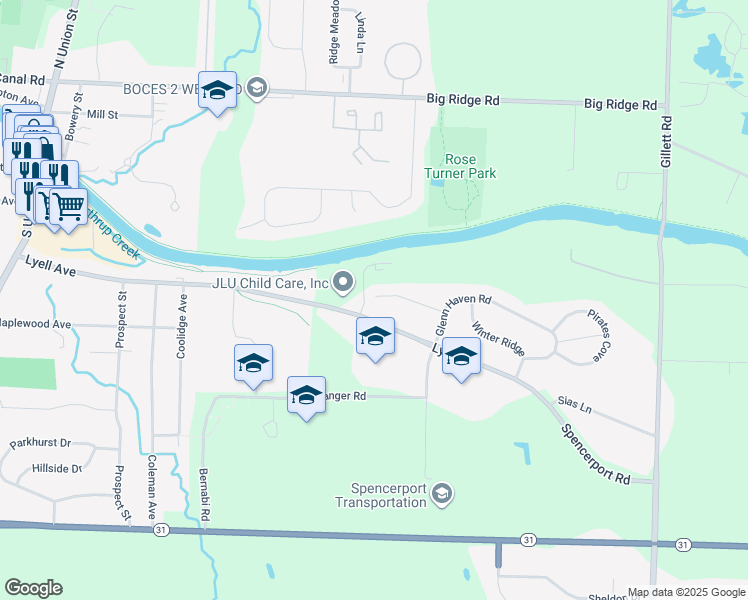 map of restaurants, bars, coffee shops, grocery stores, and more near 2718 Lyell Avenue in Spencerport