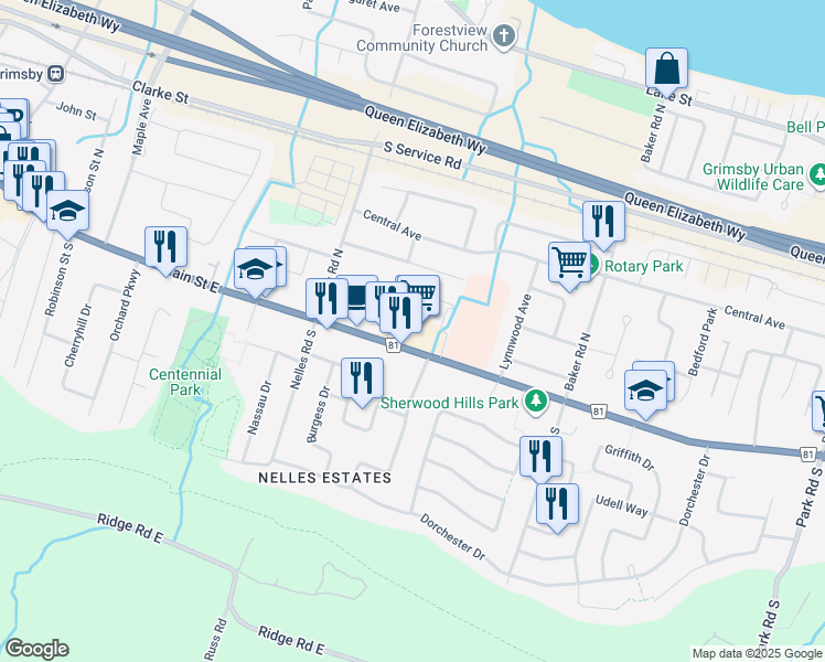 map of restaurants, bars, coffee shops, grocery stores, and more near 165 Main Street East in Grimsby