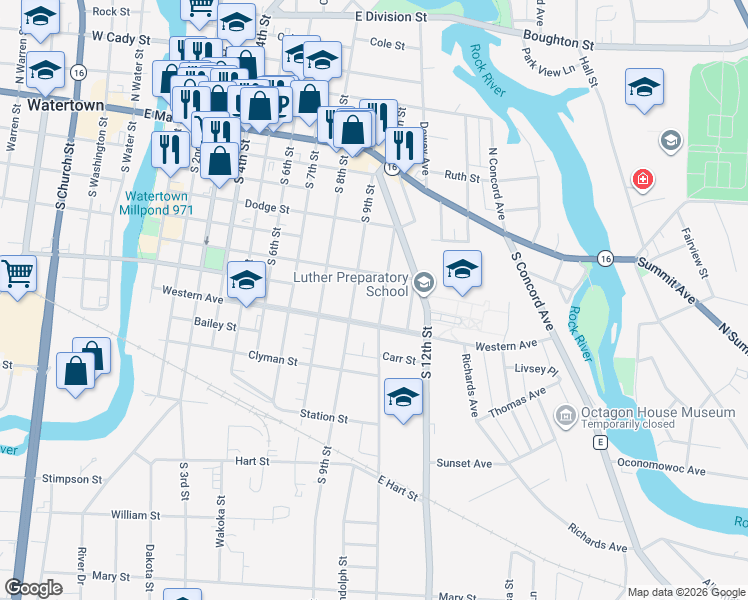 map of restaurants, bars, coffee shops, grocery stores, and more near 906 Western Avenue in Watertown