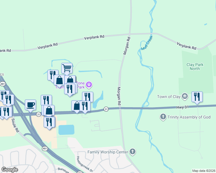 map of restaurants, bars, coffee shops, grocery stores, and more near 8633 Morgan Road in Clay