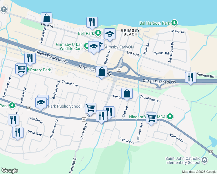 map of restaurants, bars, coffee shops, grocery stores, and more near 303 Central Avenue in Grimsby