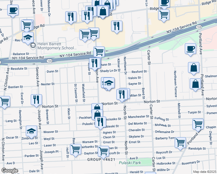 map of restaurants, bars, coffee shops, grocery stores, and more near 950 Norton Street in Rochester