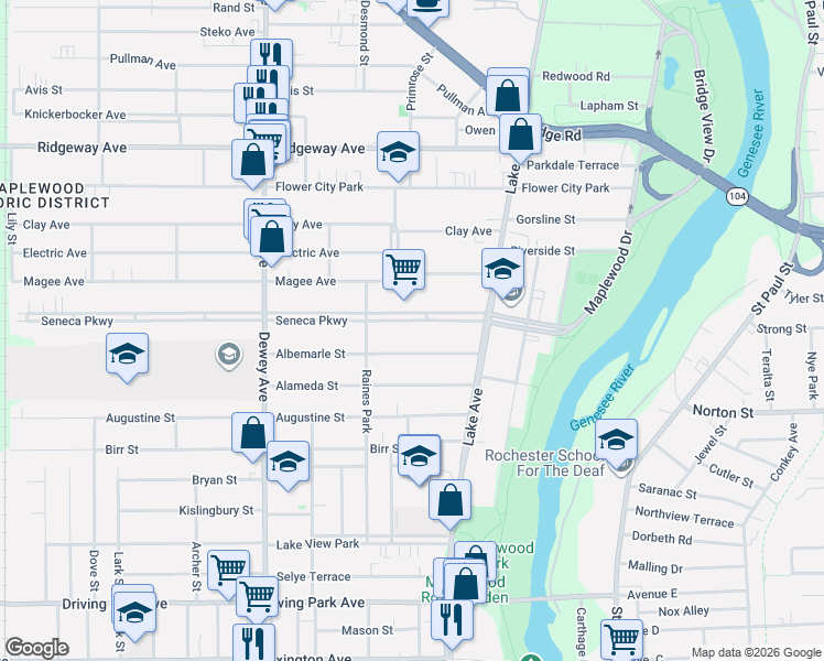 map of restaurants, bars, coffee shops, grocery stores, and more near 63 Albemarle Street in Rochester