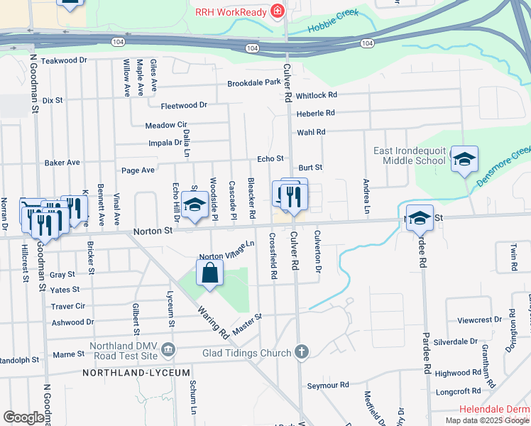 map of restaurants, bars, coffee shops, grocery stores, and more near 344 Crossfield Road in Rochester