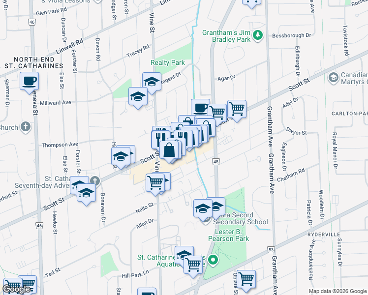 map of restaurants, bars, coffee shops, grocery stores, and more near 400 Scott Street in St. Catharines