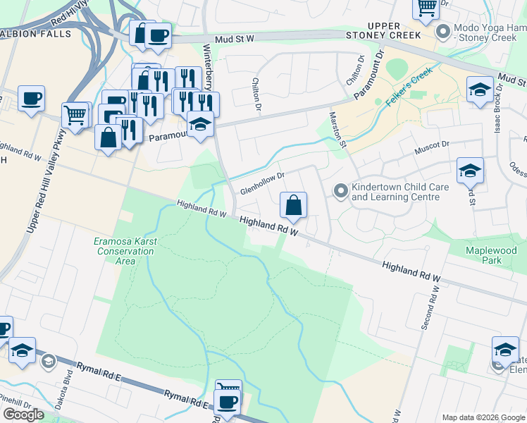 map of restaurants, bars, coffee shops, grocery stores, and more near in Hamilton