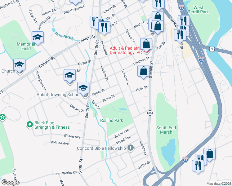 map of restaurants, bars, coffee shops, grocery stores, and more near 90 Broadway in Concord