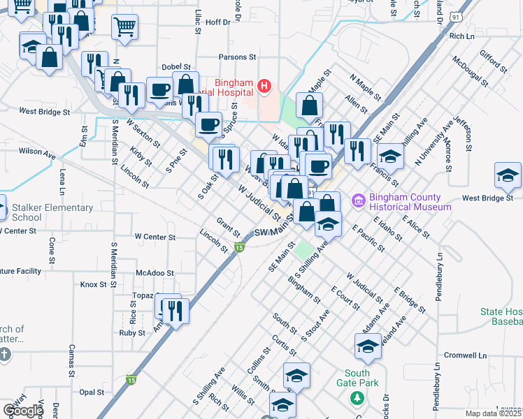 map of restaurants, bars, coffee shops, grocery stores, and more near 109 South Broadway Street in Blackfoot