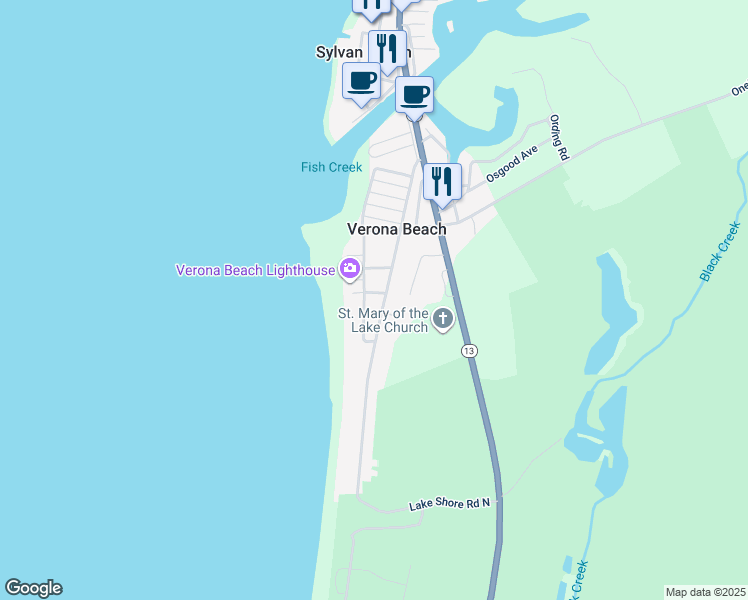 map of restaurants, bars, coffee shops, grocery stores, and more near in Verona Beach