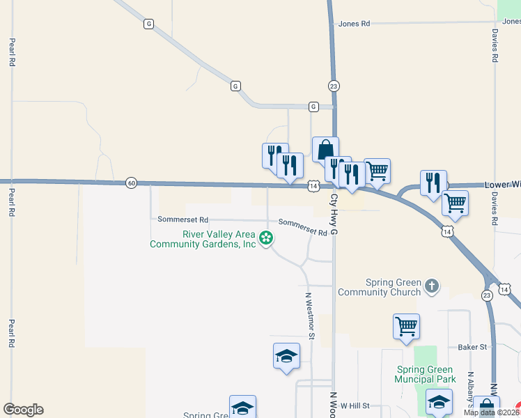 map of restaurants, bars, coffee shops, grocery stores, and more near 906 North Westmor Street in Spring Green