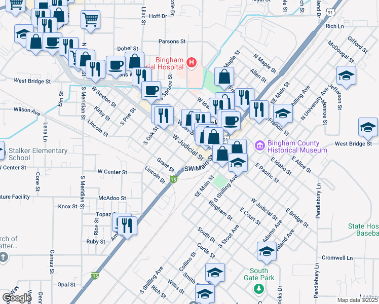 map of restaurants, bars, coffee shops, grocery stores, and more near 109 South Broadway Street in Blackfoot