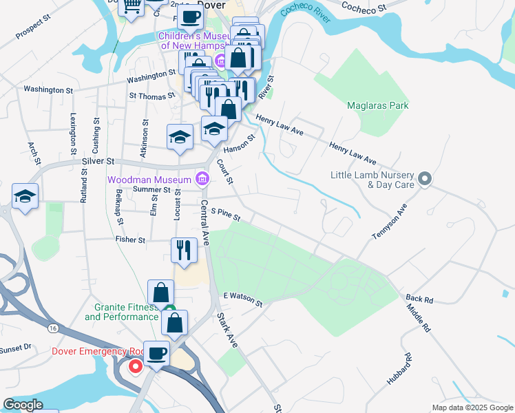 map of restaurants, bars, coffee shops, grocery stores, and more near 67 Court Street in Dover