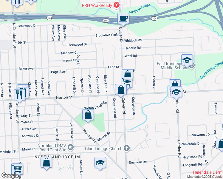map of restaurants, bars, coffee shops, grocery stores, and more near 344 Crossfield Road in Rochester