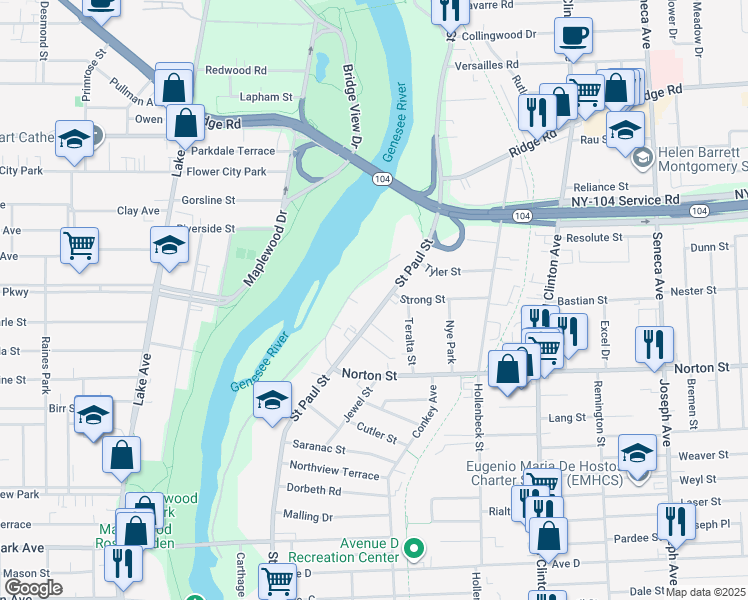 map of restaurants, bars, coffee shops, grocery stores, and more near 1760 Saint Paul Street in Rochester