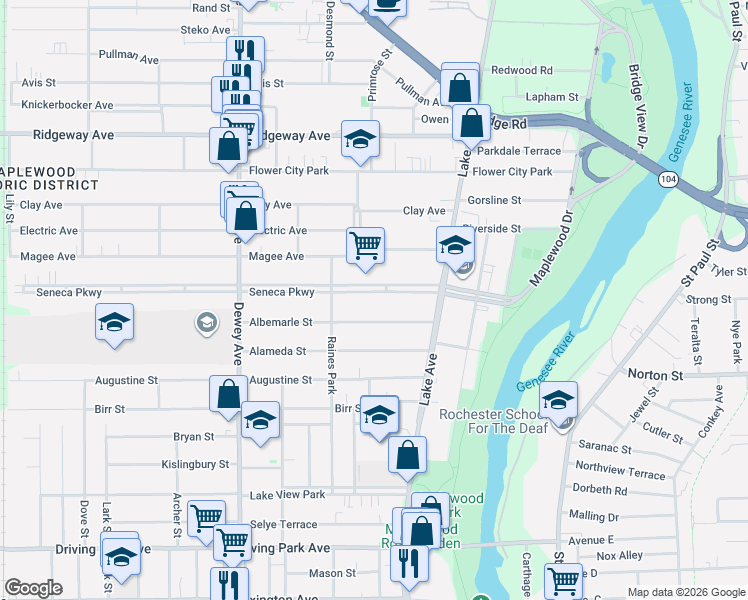 map of restaurants, bars, coffee shops, grocery stores, and more near 63 Albemarle Street in Rochester