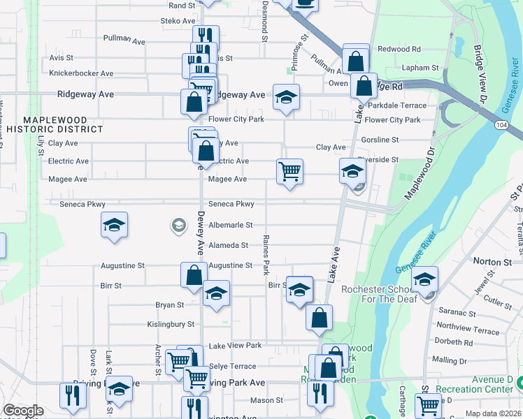 map of restaurants, bars, coffee shops, grocery stores, and more near 174 Albemarle Street in Rochester