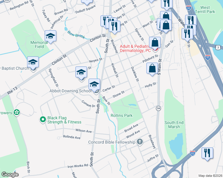 map of restaurants, bars, coffee shops, grocery stores, and more near 62 1/2 Stone Street in Concord