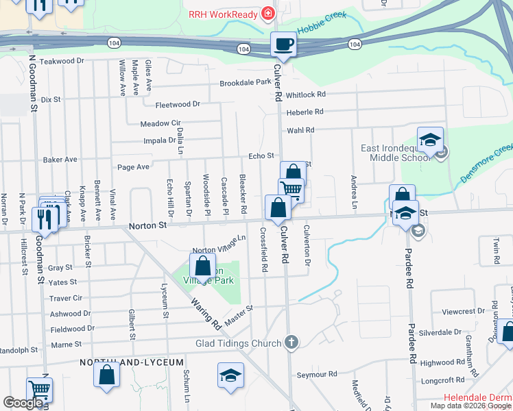 map of restaurants, bars, coffee shops, grocery stores, and more near 414 Crossfield Road in Rochester