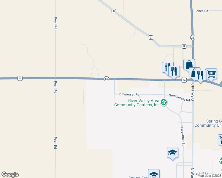 map of restaurants, bars, coffee shops, grocery stores, and more near E4686 US Highway 14 And 60 in Spring Green