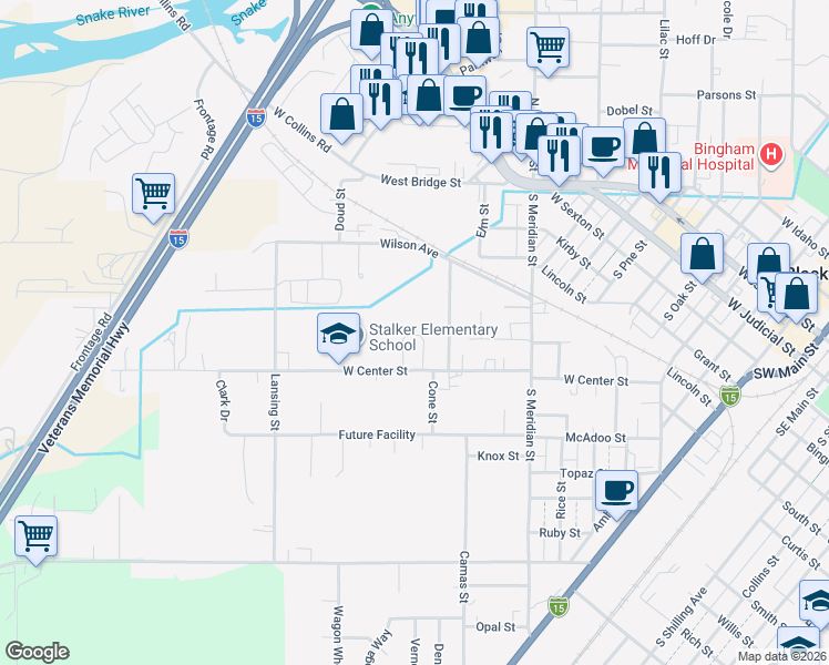 map of restaurants, bars, coffee shops, grocery stores, and more near 291 Lena Lane in Blackfoot