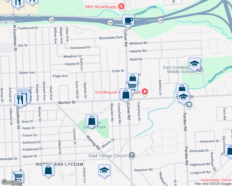 map of restaurants, bars, coffee shops, grocery stores, and more near 414 Crossfield Road in Rochester
