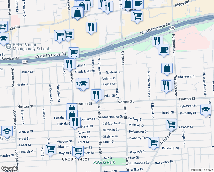 map of restaurants, bars, coffee shops, grocery stores, and more near 15 Valois Street in Rochester