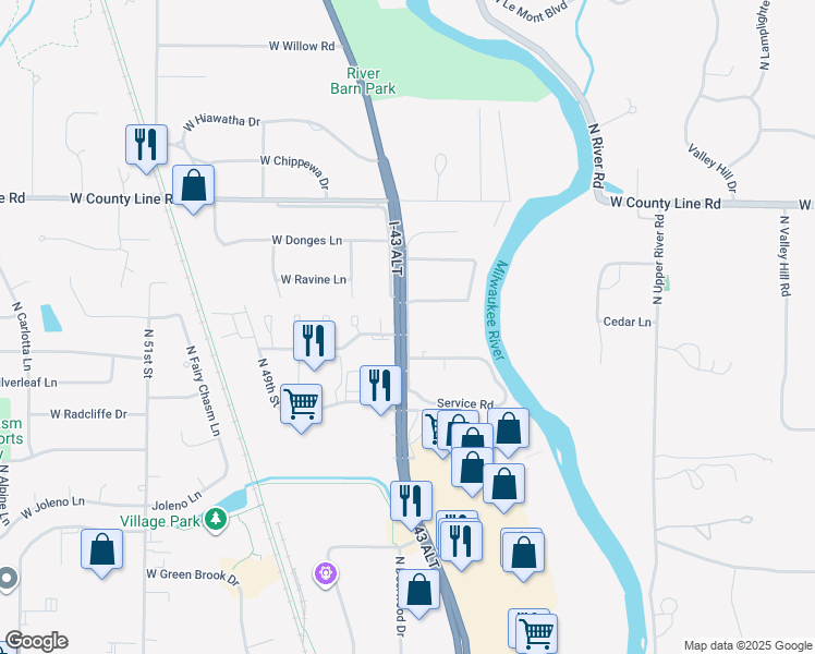 map of restaurants, bars, coffee shops, grocery stores, and more near 9418 North Green Bay Road in Brown Deer