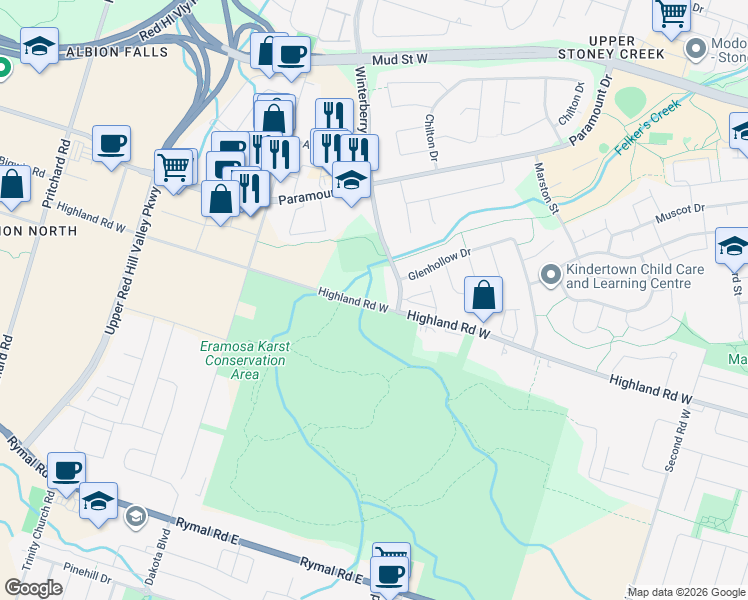 map of restaurants, bars, coffee shops, grocery stores, and more near 263 Winterberry Drive in Hamilton